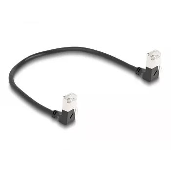 DeLOCK RJ45 tinklo kabelis Cat.6A S/FTP plonas 90° žemyn 0,25 m juodas