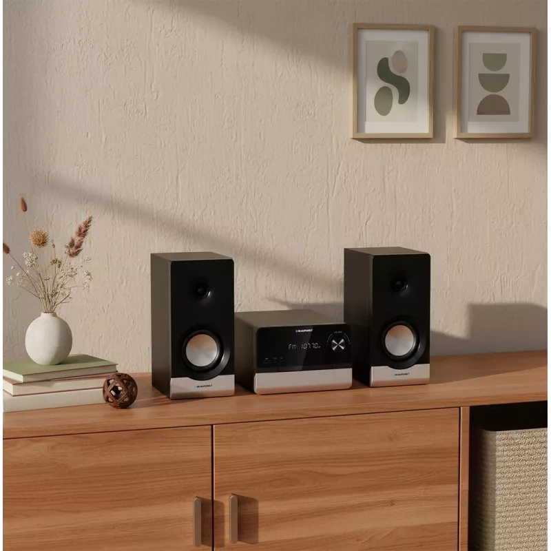Namų garso mikro sistema BLAUPUNKT MS40.2BT — 2×50 W RMS, Bluetooth, CD, USB, HDMI ARC, optinis įėjimas, LED ekranas (juoda)