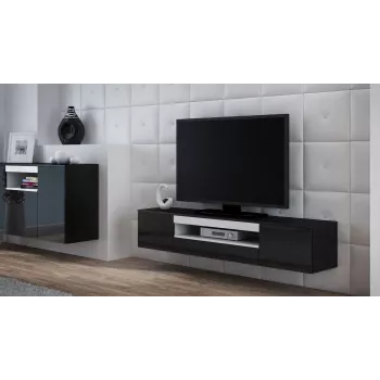 Cama Meble VIVA 180 TV komoda, juoda/juoda blizgi + balta