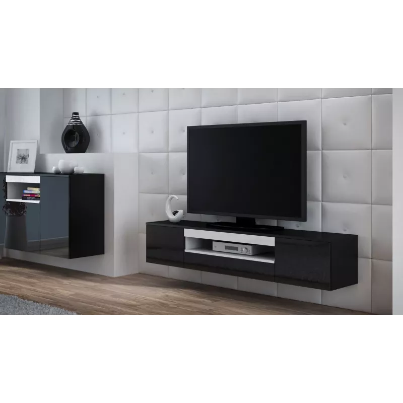 Cama Meble VIVA 180 TV komoda, juoda/juoda blizgi + balta