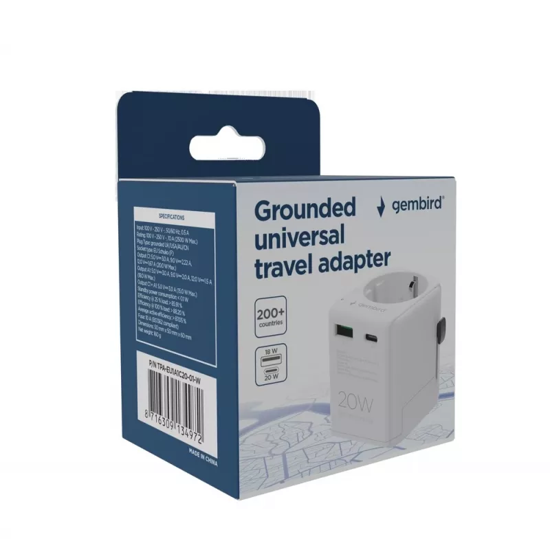 Keliaujantis maitinimo adapteris GEMBIRD TPA-EU1A1C20-01-W 20W, USB-A 18W + USB-C 20W, Schuko kištukas, įėjimas 100–250V