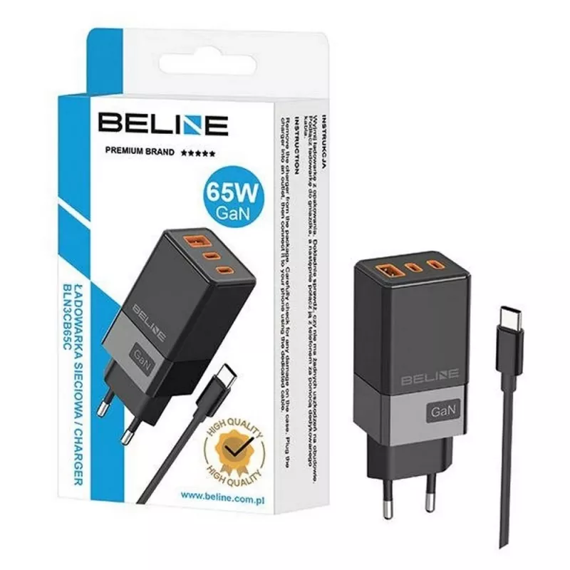 Beline sieninis 65W įkroviklis su 2x USB-C ir 1x USB-A, PD 3.0, juodas