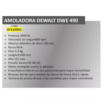 Kampinis šlifuoklis DeWALT DWR490 — 2200 W, 230 mm diskas, 6600 RPM, 5,2 kg