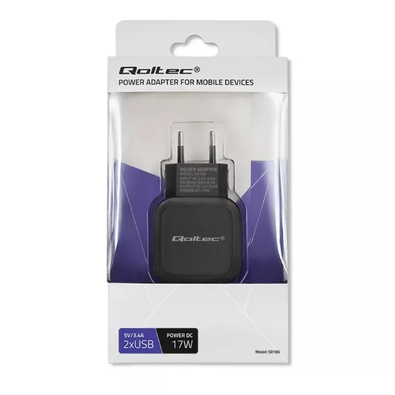 AC sieninis įkroviklis QOLTEC 50186 išmaniajam telefonui ir planšetei, 5 V 3,4 A, 17 W, 2× USB, juodas