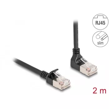 Delock tinklo kabelis RJ-45 (M) kampu į viršų į RJ-45 (M) tiesus, 2,0 m, 4,5 mm, S/FTP, CAT 6a, ekranuotas, be halogenų, juodas (80288)