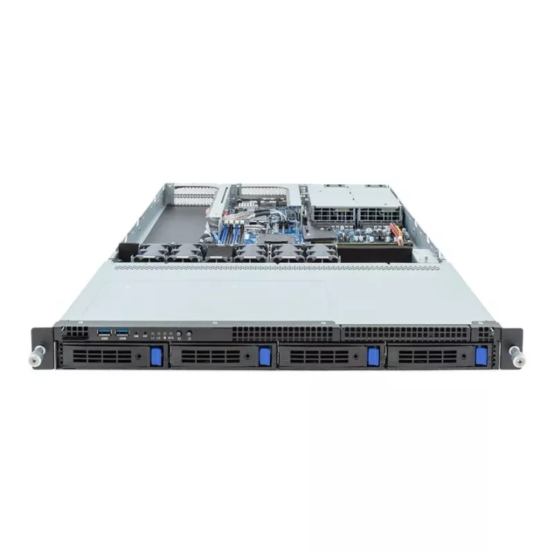 1U stelažo serverio platforma GIGABYTE R133-C13-ACG1 — AMD B650E pagrindinė plokštė, lizdas AM5, 4x DDR5 UDIMM lizdai, 800W perteklinis maitinimo šaltinis, 4x 2,5 colio/3,5 colio krepšeliai