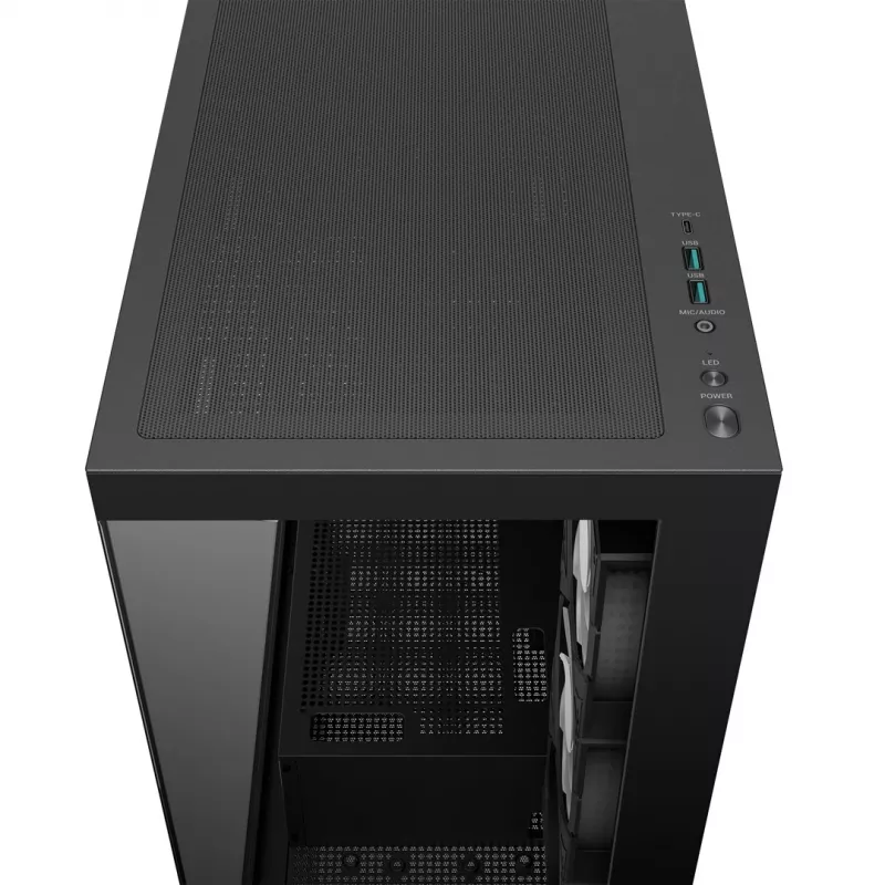 Korpusas DeepCool CG580 4F Midi Tower — ATX/MicroATX/ITX, grūdintas stiklas, 3×120 mm + 1×120 mm ventiliatoriai, 2×3.5 colio ir 2×2.5 colio diskų vietos, USB-A×2 USB-C×1, juodas