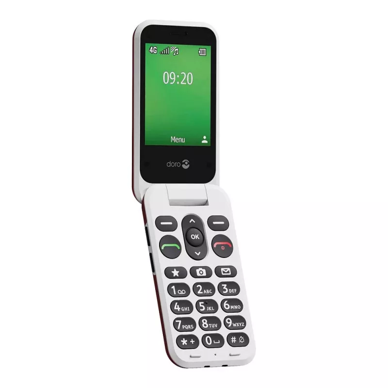Doro Leva E22 sulankstomas telefonas, 2,8 colio (7,11 cm) ekranas, viena SIM, 0,3 MP kamera, 1150 mAh, 127,8 g, raudonai baltas