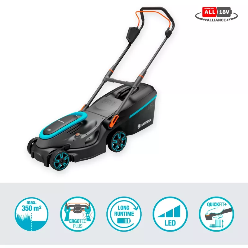 Akumuliatorinė vejapjovė PowerMax 37/36V P4A paruoštas naudoti rinkinys, 36V (2x18V), juoda/pilka, 2x ličio jonų akumuliatorius 4,0 Ah, POWER FOR ALL ALLIANCE