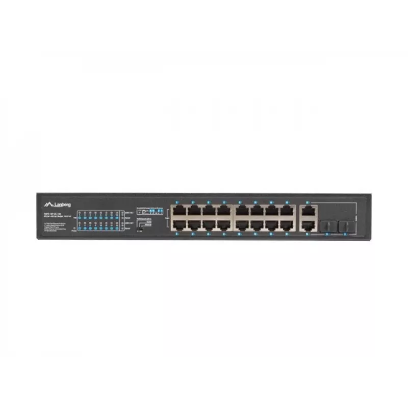 Nevaldomas komutatorius LANBERG RSFE-16P-2C-150 — 18 prievadų Gigabit, 16 PoE+/2 SFP, 150 W bendra galia, 1U stovas, metalinis, juodas