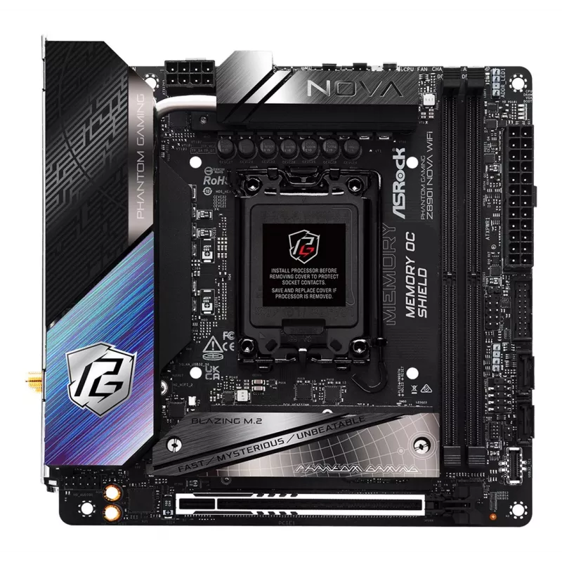 Motininė plokštė ASRock Phantom Gaming Z890I Nova WiFi — Intel Z890, LGA 1851, mini ITX, DDR5, 2x M.2, Wi‑Fi 6E/7, 5Gb LAN, Thunderbolt
