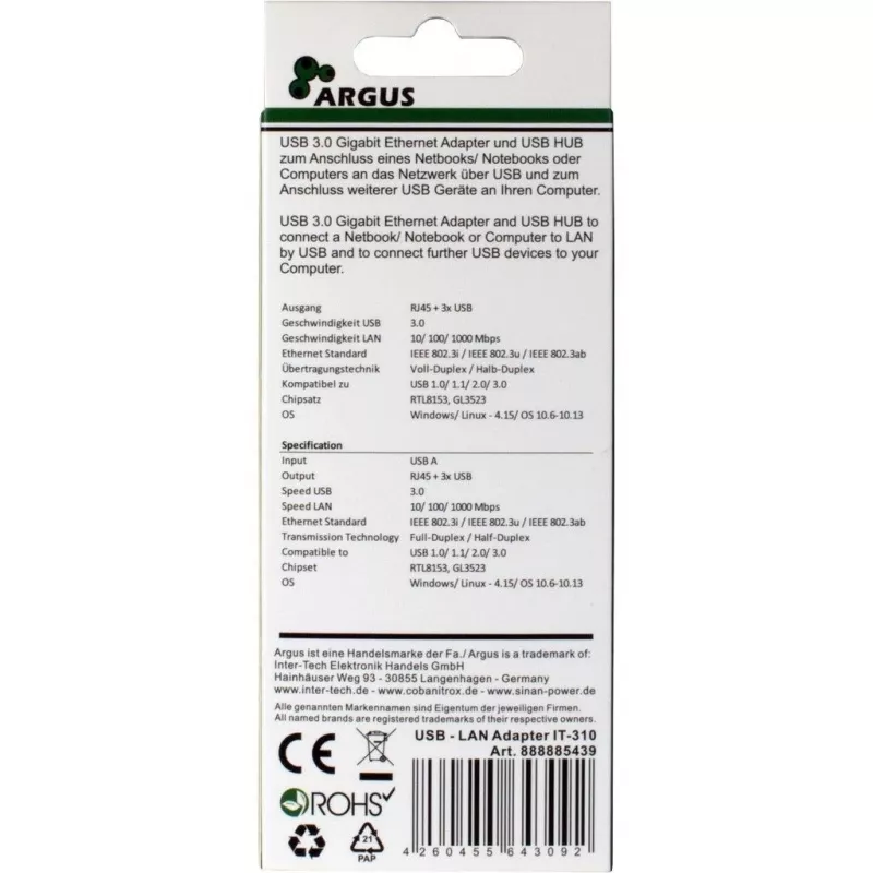 Inter-Tech Argus IT-310 USB 3.0 ir Gigabit Ethernet stalinis hubas