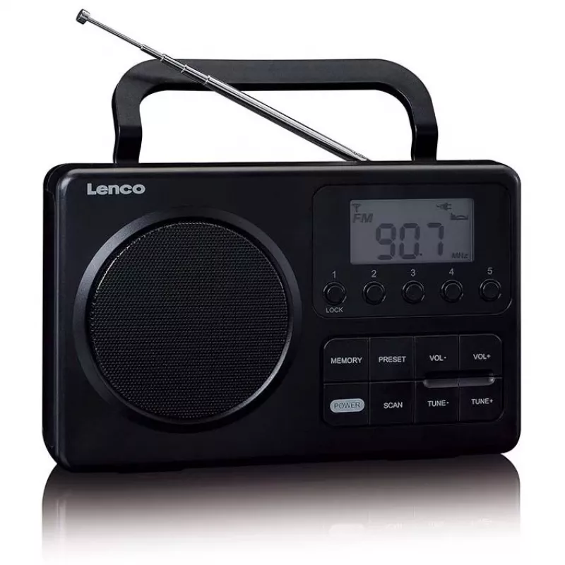 Nešiojamas radijo imtuvas Lenco MPR-035BK – FM/AM, maitinimas iš tinklo arba baterijų, 2,5 colio LCD, 20 FM išankstinių nustatymų, 3,5 mm išvestis