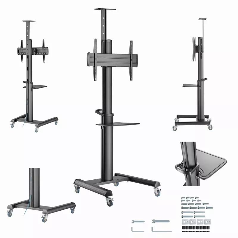 Grindinis TV stovas Gembird TVS-70T-02, 37–70 colių, 70 kg, VESA 200x200–600x400, pakreipimas ±5°/−12°, aukščio reguliavimas, ratukai, kabelių valdymas