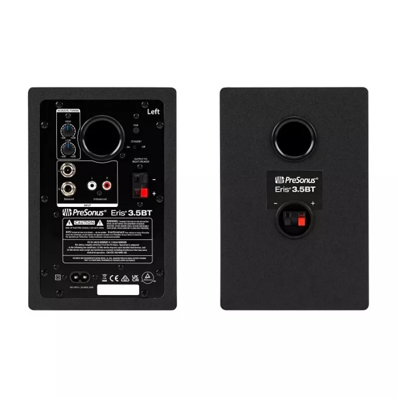 Aktyvūs studijiniai monitoriai PreSonus Eris 3.5 BT 2nd Gen — 2×25 W RMS, 80–20000 Hz, Bluetooth 5.0, RCA/TRS įėjimai, 3.5 mm ausinėms