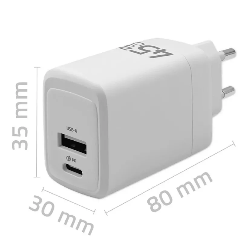 Qoltec GaN 45W įkroviklis 5V 20V 1,5A 3A, 1xUSB C PD, 1xUSB