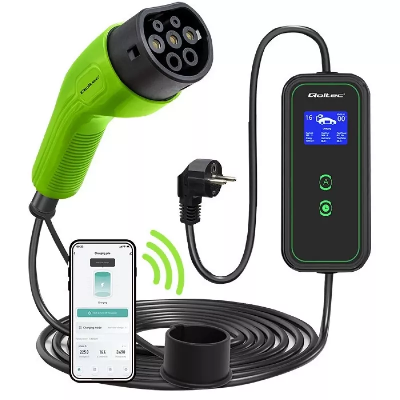 Qoltec Mobile EV Car Charger nešiojamas elektromobilio įkroviklis 2in1 Type2 | 3.5kW | 230V | Wi-Fi | LCD | 5m