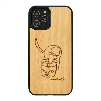 Apsauginis dėklas iPhone 12 Pro Max, medinis su katės ir raudonos žuvies raštu