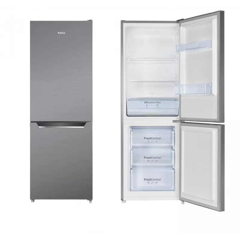 Šaldytuvas su šaldikliu AMICA FK2425.4UNTX(E) laisvai pastatomas, 277 L bendras, apatinis šaldiklis 74 L, inverteris, sidabrinis, 1593×540×550 mm