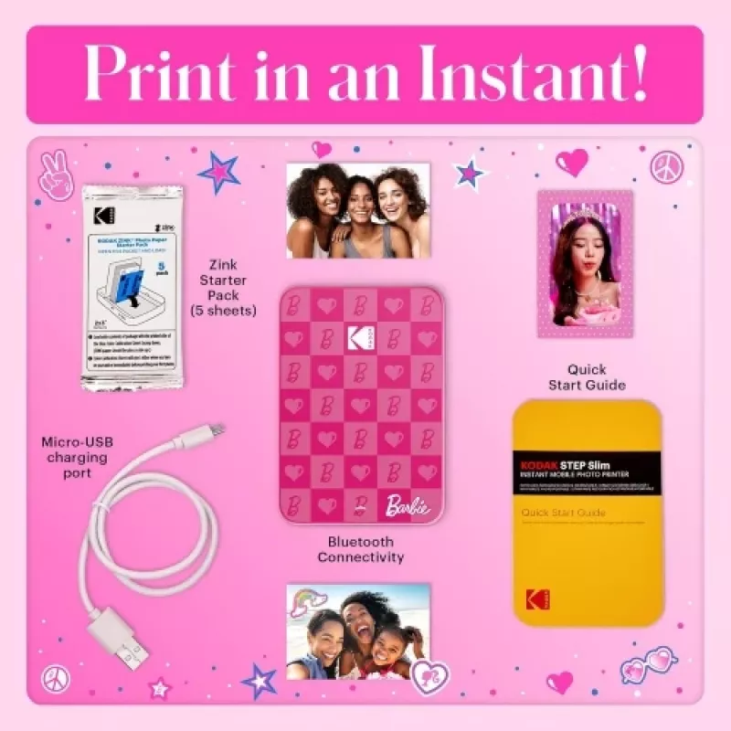 Barbie x Kodak STEP Slim belaidis momentinis nuotraukų spausdintuvas, ZINK 2x3'', 1ppm, Bluetooth, rožinis