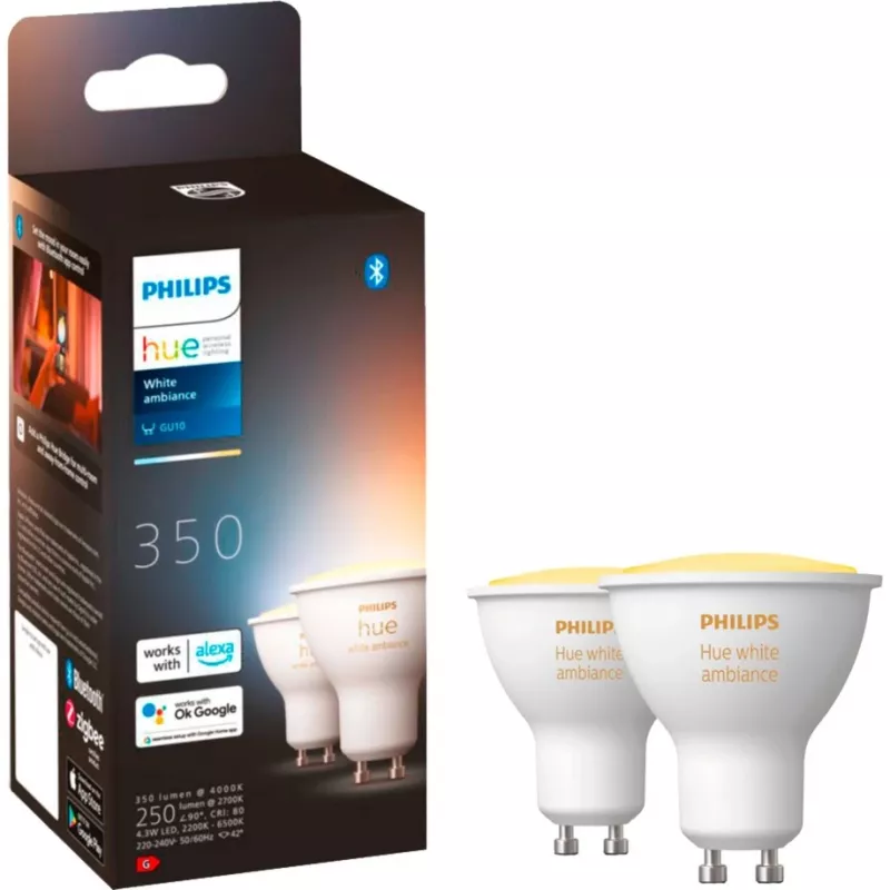 Philips Hue White Ambiance GU10 LED lempų dvynių rinkinys su Hue Bridge, pakeičia 35W halogeną