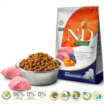 FARMINA N&D GF PUMPKIN DOG ĖRIENA IR MĖLYNĖS ŠUNIUKAMS MEDIUM/MAXI 12kg