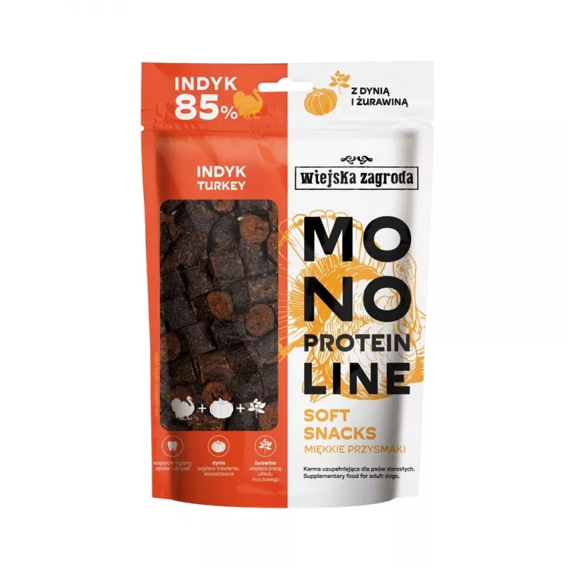 Minkšti skanėstai šunims wiejskazagroda Monoprotein Line kalakutiena 115 g – hipoalerginiai, vieno baltymo, suaugusiems šunims