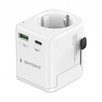 Keliaujantis maitinimo adapteris GEMBIRD TPA-EU1A1C20-01-W 20W, USB-A 18W + USB-C 20W, Schuko kištukas, įėjimas 100–250V