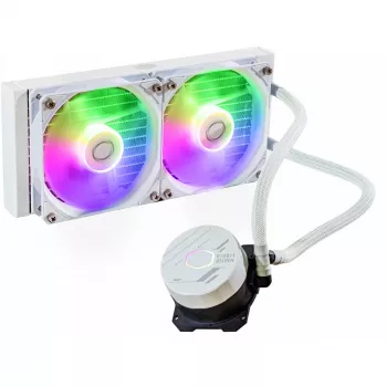 Skysto aušinimo komplektas Cooler Master MasterLiquid 240L Core ARGB White — 240 mm radiatorius, 120 mm ventiliatoriai, palaiko LGA1700/AM5/AM4 ir senesnius lizdus
