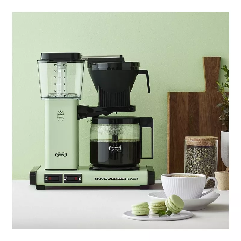 Lašelinė kavos virimo aparatas MOCCAMASTER KBG Select – 1,25 l talpa, 10 puodelių, nerūdijantis plienas, pastelinė žalia