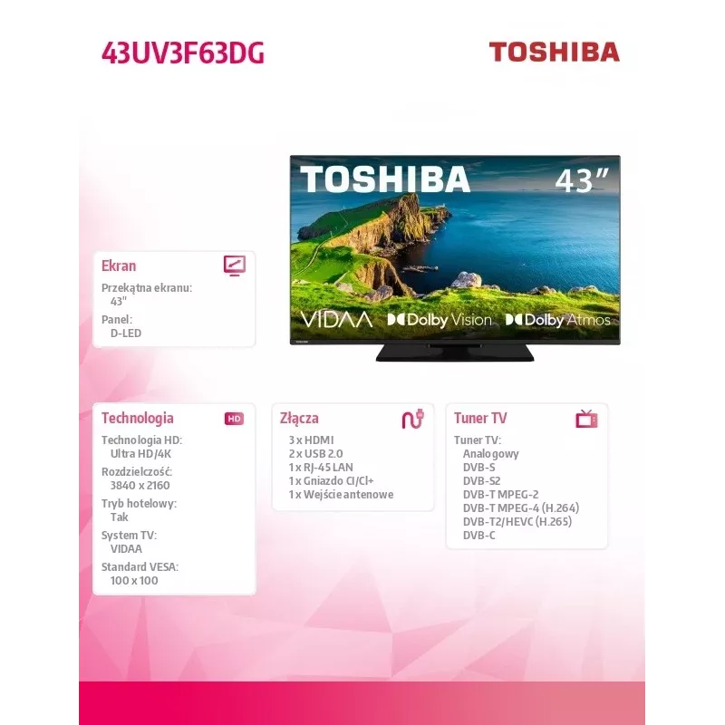 Televizorius LED 43UV3F63DG 43 colių LED ekranas 4K raiška