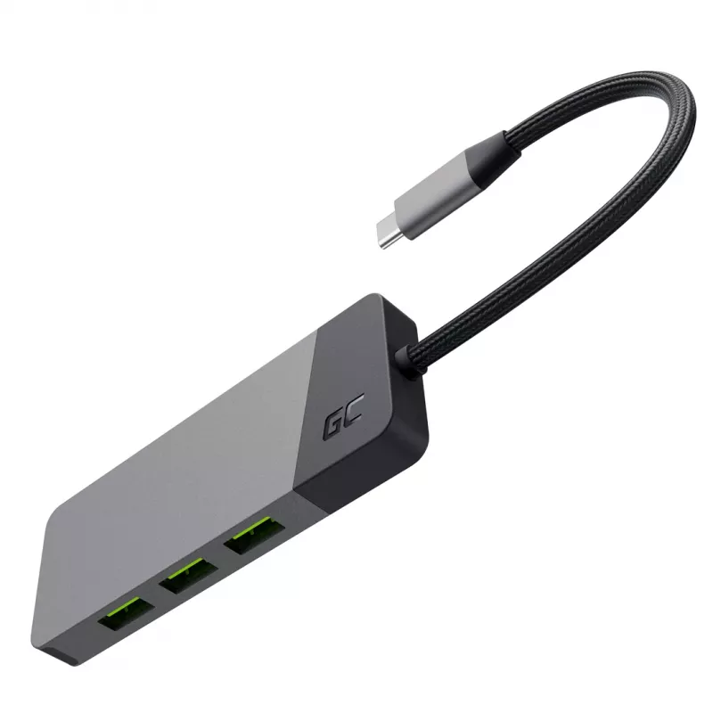 USB Type-C stotelė Green Cell HUBGC01 — 7 prievadai: 3×USB-A 3.2 Gen 1, 1×USB-C 3.2 Gen 1, HDMI, microSD+SD kortelių skaitytuvas — sidabrinė
