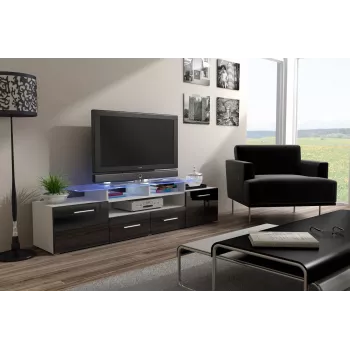 Cama TV stovas EVORA 200 baltas/juodas blizgus