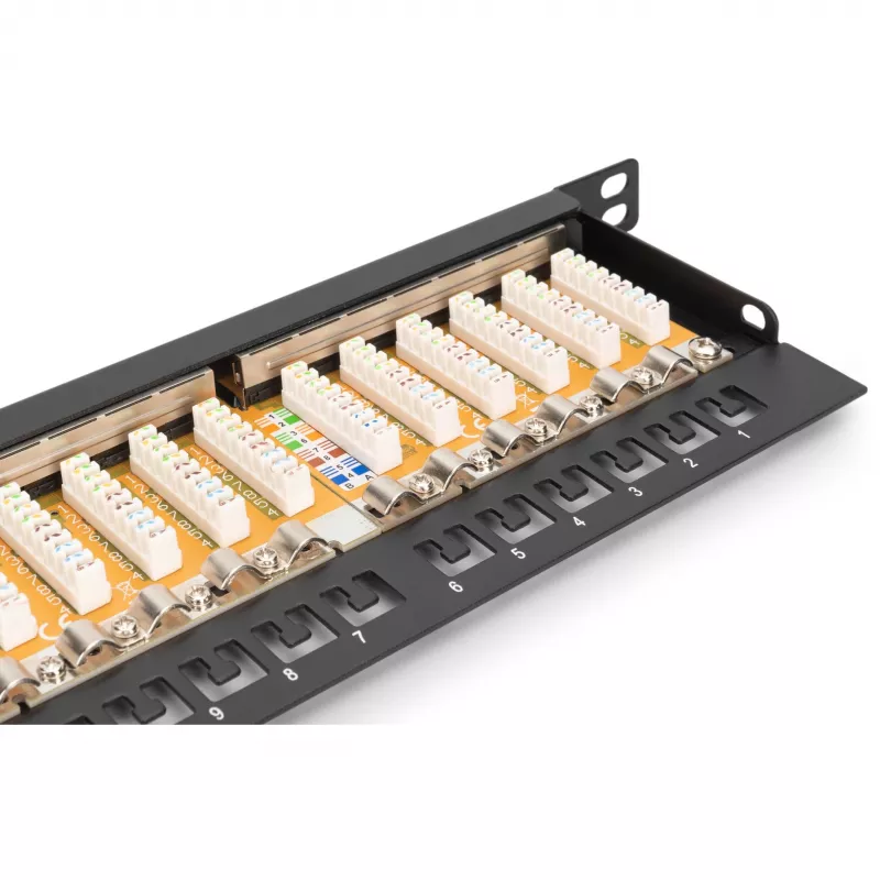 Patch Panel Digitus CAT6 Class E Ekranuotas Didelio Tankio Juodas 24 prievadai 0.5U