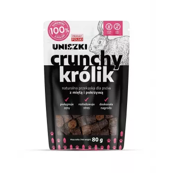 UNISZKI Crunchy Rabbit su mėtomis ir dilgėlėmis 80 g – traškūs skanėstai šunims su triušiena