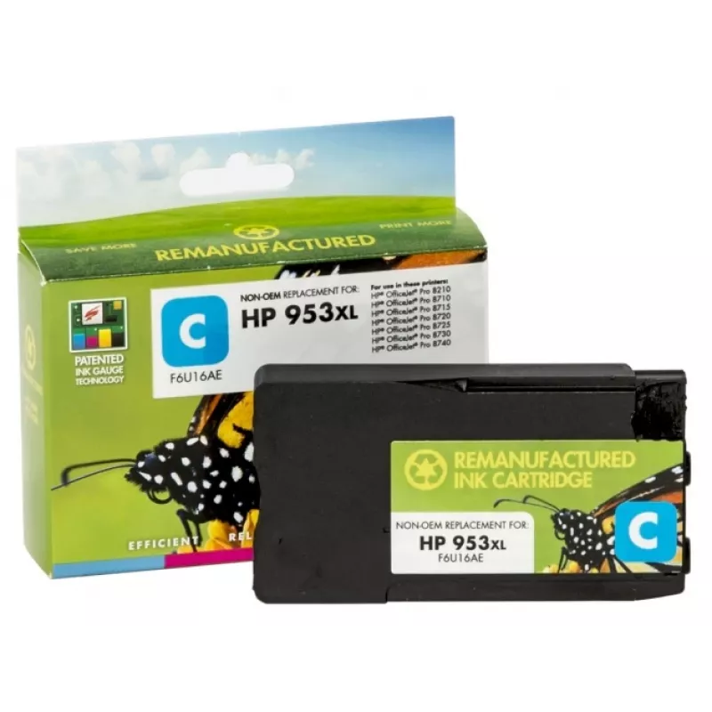 Suderinama statinės kontrolės HP 953XL (F6U16AE) rašalo kasetė, žydra (nauja mikroschema)