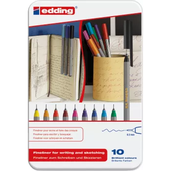 Fineliner rašikliai Edding 55 rinkinys 10 vnt. – smulkūs 0,3 mm antgaliai, įvairios spalvos