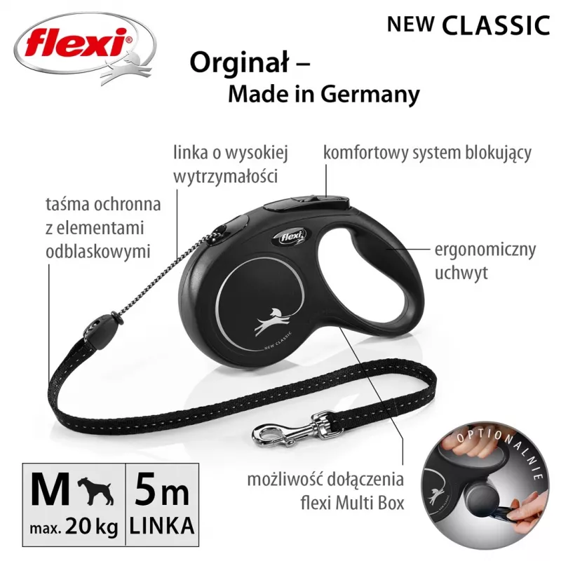 Flexi New CLASSIC 5 m juodas, atitraukiamas pavadėlis šunims, virvutė, maksimali apkrova 20 kg, atšvaitai