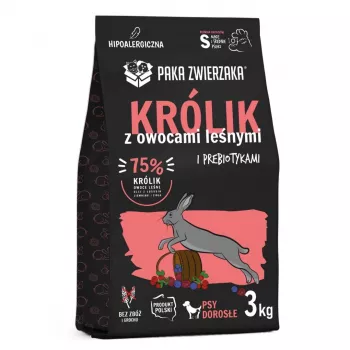 Sausas šunų ėdalas PAKA ZWIERZAKA Triušis su miško uogomis S 3 kg – suaugusiems mažų ir vidutinių veislių šunims