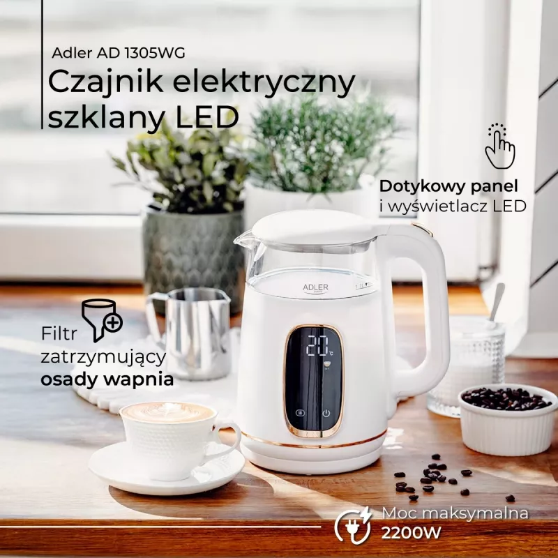 Elektrinis virdulys Adler AD 1305WG – 1.7 L, 2200 W, stiklas/plastikas, baltas/auksinis/permatomas
