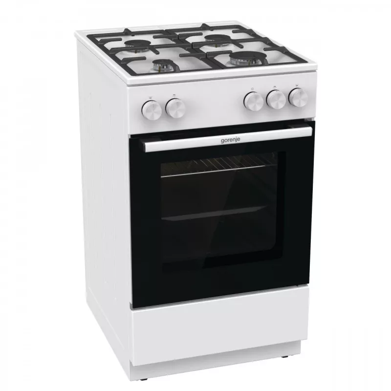 Laisvai pastatoma dujinė viryklė su orkaite Gorenje GG5A10WFFM — 4 degiklių kaitlentė, 70 L orkaitė, emaliuotas viršus, balta
