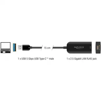 DeLOCK 66045 USB 5 Gbps Type-A jungtis į 2.5 Gigabit LAN RJ45 adapteris, juodas