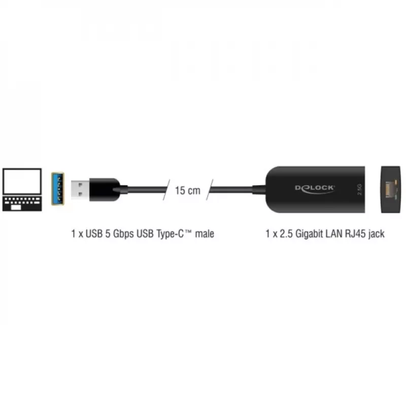 DeLOCK 66045 USB 5 Gbps Type-A jungtis į 2.5 Gigabit LAN RJ45 adapteris, juodas