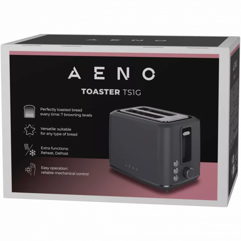 Elektrinis skrudintuvas AENO ATS0001G — 2 lizdai, 220–240V 50–60Hz, 920–1080W, 3 režimai, 7 skrudinimo lygiai, Pilka