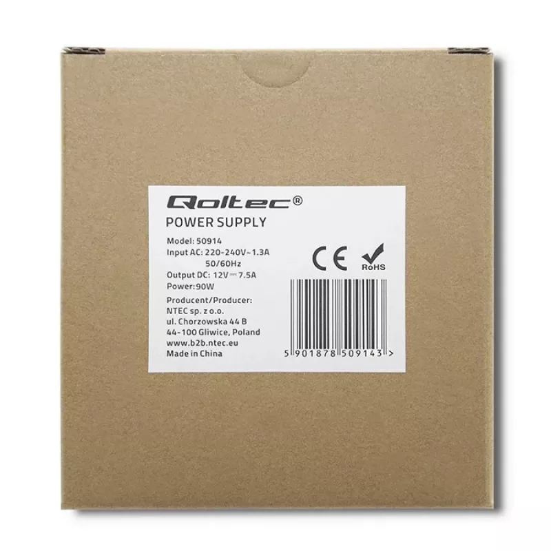 Qoltec 50914 DIN bėgio maitinimo šaltinis | 90W | 12V | 7,5A | Baltas | Plonas
