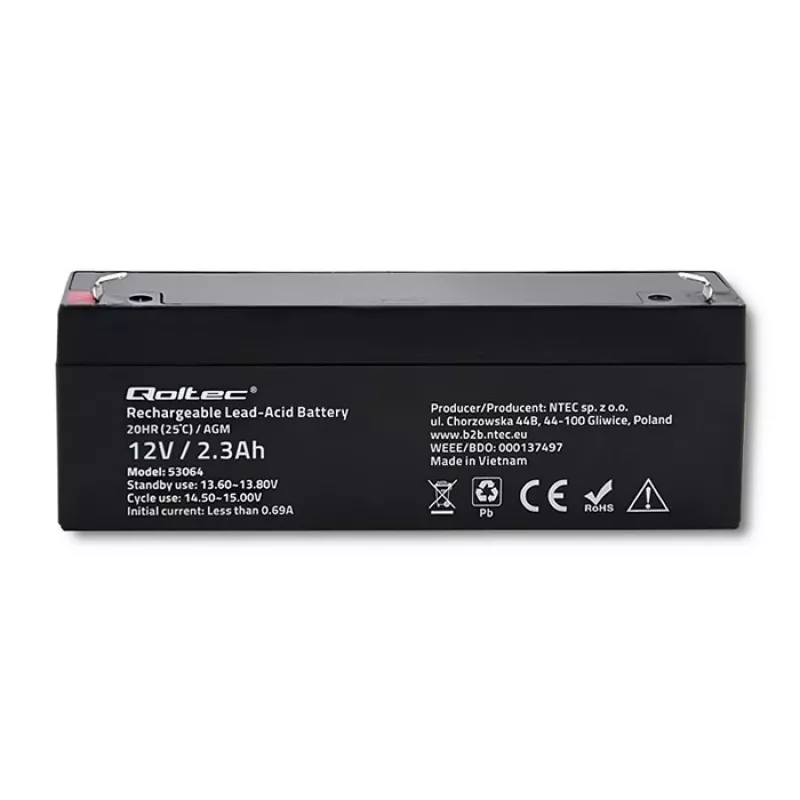 Sandari AGM baterija QOLTEC 12V 2,3Ah UPS ir atsarginės maitinimo sistemoms, maks. iškrova 34,5A
