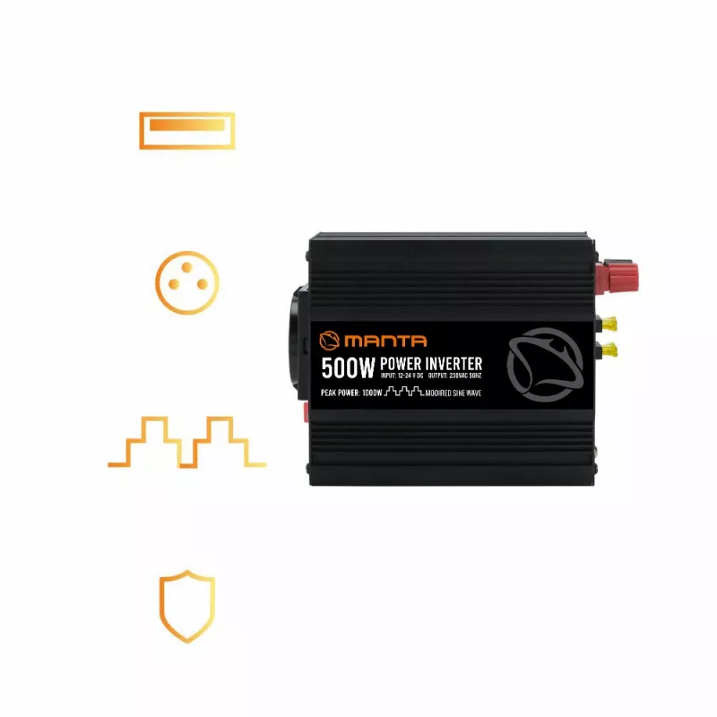 Inverteris MANTA MPI500M 500W nuolatinė / 1000W pikinė DC į AC