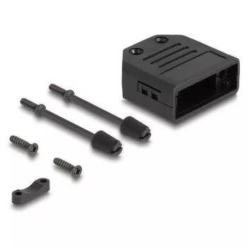 DELOCK D-Sub korpusas 9 kontaktų kištukui/kištukinei, plastikinis su įtempimo mažinimu, 33,3×33,8×14,8 mm, juodas