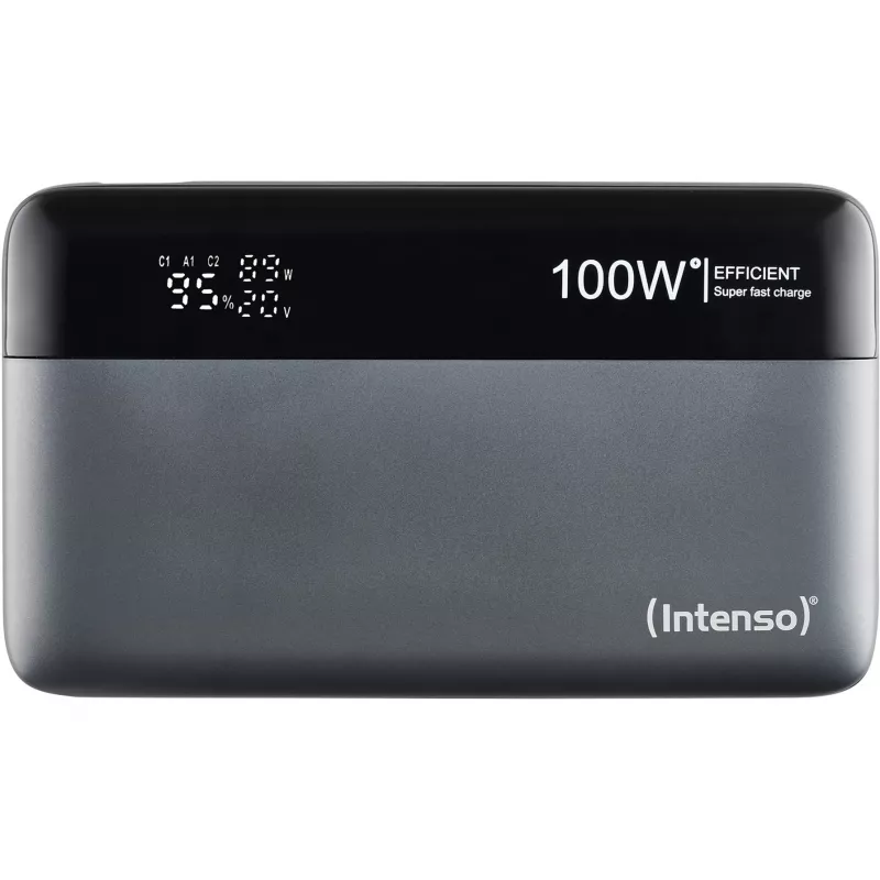 Power bank INTENSO 7350050 – 20000 mAh, 1× USB-A + 2× USB-C, 100 W bendra galia, juoda/pilka