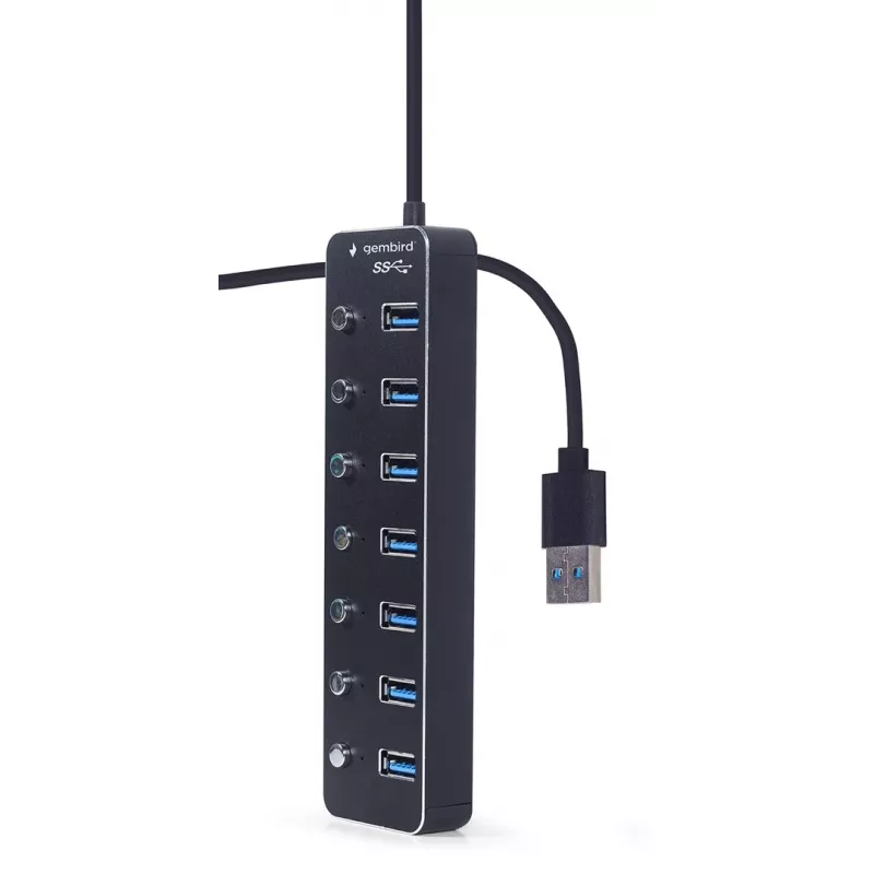 USB šakotuvas Gembird UHB-U3P7P-01, 7 prievadų USB 3.2 Gen 1 (Type-A), 0,24 m laidas, juodas